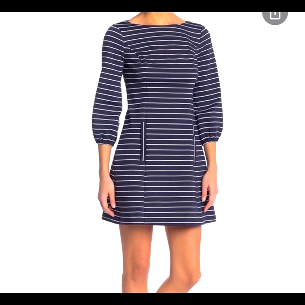 NWT Eliza J Navy & White Stripe open back with puffed sleeves
